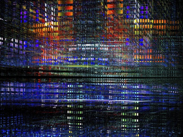 Virtual reality or sci-fi background. Street of surreal city. Bright colorful grid with perspective