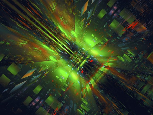 Abstract dark green computer-generated 3d illustration in tech style. Fractal art: glossy walls
