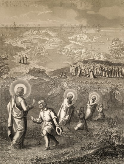 Jesus heals a deaf and mute man, New Testament, steel engraving 1853, digitally restored
