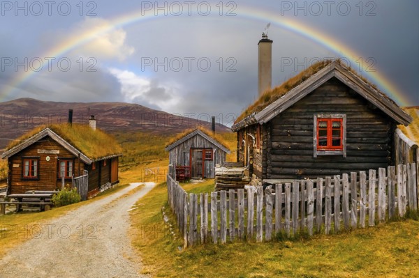 Old house with grass roof, weekend house, boathouse, rainbow, Viksfjorden, Norway Viksfjorden,