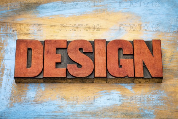 Design word typography - text in vintage letterpress wood type blocks against grunge wooden