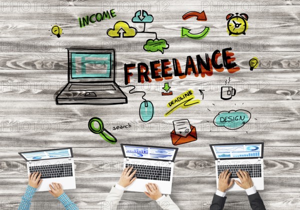 Group of three people with devices in hands working together as symbol of networking and