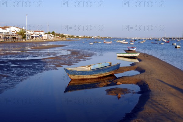 Boat on the Rio Piedras river, beach in El Rompido, Cartaya, Costa de la Luz, Huelva, Andalusia,