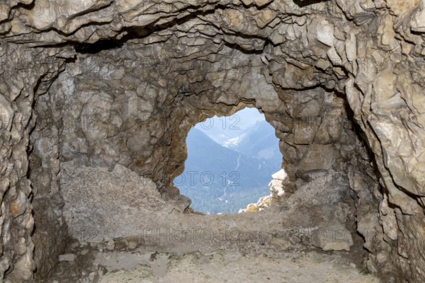 View out of a loophole of the Mount Lagazuoi tunnels, built during the First World War, the