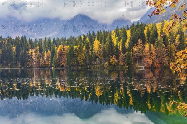 The colors of the autumn forests are reflected in the icy water of the lake. Sunrise. Mountains