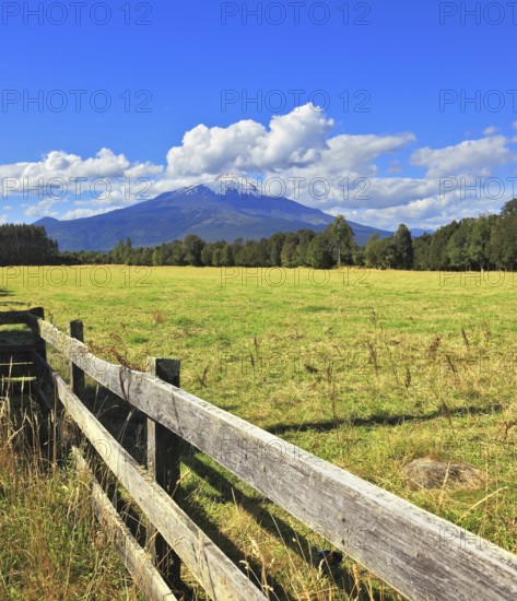 On the horizon the beautiful high mountain is visible. The green grassy rural field fenced with a
