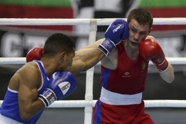 Sofia, Bulgaria. 27th February, 2021. Dorin Bucsa (red) of Moldova and Havier Ibanes of Bulgaria