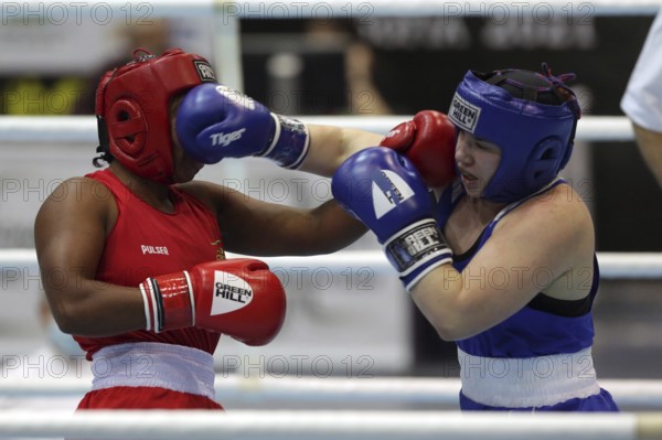 Sofia, Bulgaria - 26 February, 2021: Possantos Perejra (red) of Brazil and Nadezhda Ryabets of