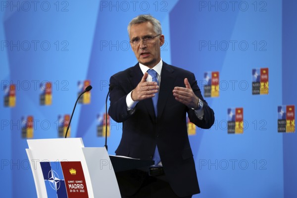 Madrid, Spain - 29 June, 2022: NATO Secretary General Jens Stoltenberg speaks at a press conference