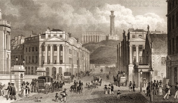 Waterloo Place, the National and Nelson's Monuments, Calton Hill, Edinburgh, Scotland, 19th
