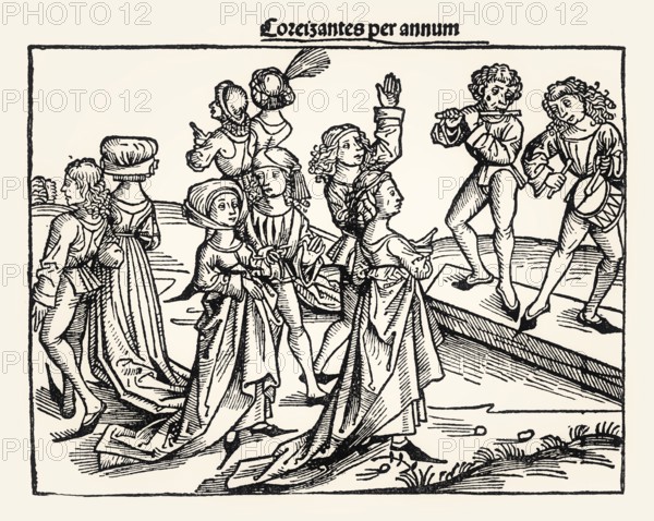 Nuremberg Chronicle, dancing couples, 1493, Anton Koberger, digitally restored