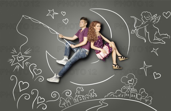 Happy valentines love story concept of a romantic couple fishing on a moon with a star on a hook