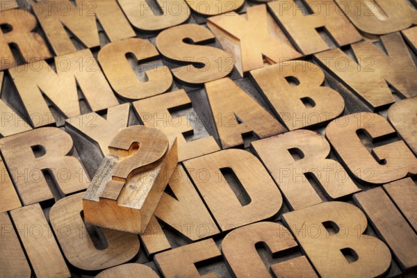 Question mark and alphabet in vintage letterpress wood type