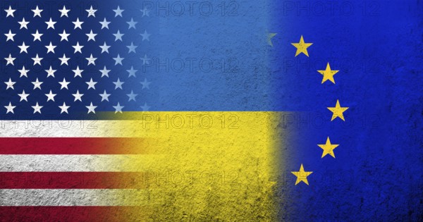 National flag of Ukraine, United States of America USA national flag and Flag of the European Union