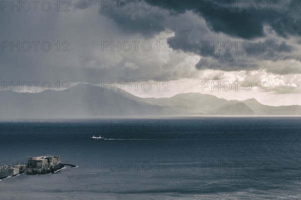 Amazing aerial filtered view of the Gulf of Naples. Fortress Castel del Ovo at the bottom left