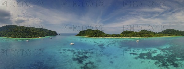 Aerial panorama view of beauty nature landscape with beach, corals and sea on tropical Koh Rok