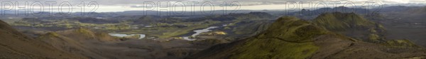 View from Sveinstindur mountain, mossy hills, mountains, Skaftá river, panoramic view, Icelandic