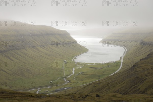 View towards Kollafjordur bay on the Faroe Islands as seen from the surrounding mountain, Faroe
