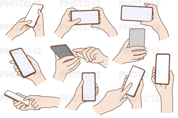 Set of people hold smartphone gadget with mockup screen use internet or social media. Collection of
