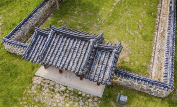 Cheongju, South Korea, May 31, 2020: Aerial view of roof top of gate and wall at shrine of