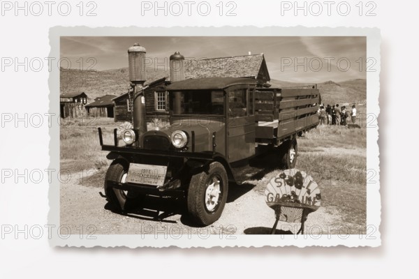 Old lorry at the petrol pump of the only petrol station in the former gold mining town of Bodie.