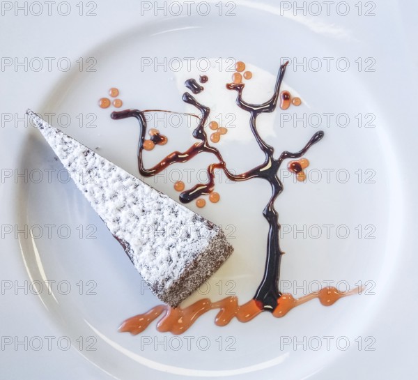 A typical italian slice of cake caprese made of chocolate and almonds with decorative tree made of