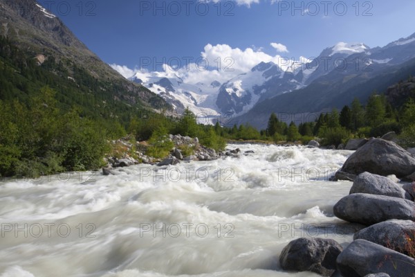 Swiss mountain landscape of the Morteratsch Glacier Valley hiking trail in the Bernina Mountain