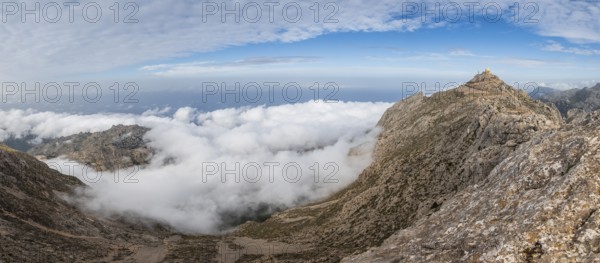 Top of Puig Major with the radar installations surrounded by mist, Serra de Tramuntana, Majorca,