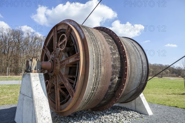 The winch drum of the Barbaraturm tower, an historical shaft tower, Steinberger Höhe, Malberg,