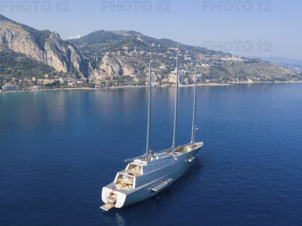 Aerial view 143 metre long three-master Sailing Yacht A, the largest sailing yacht in the world,