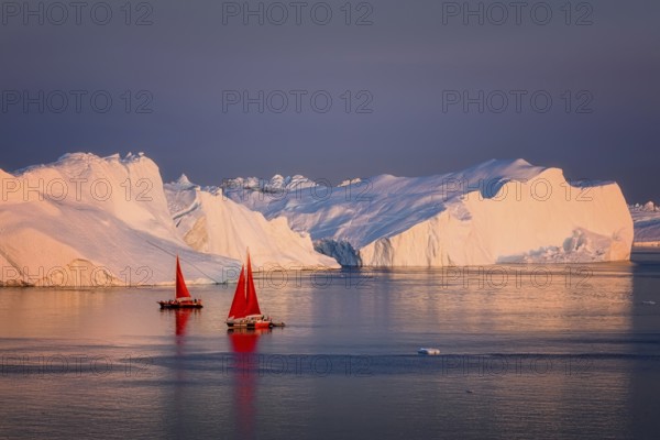Large glaciers in the bay by the rocky shore in the light of the setting sun with fog over the