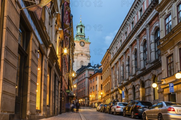Stockholm, Sweden, August 8, 2019: Scenic view of empty cobblestoned street in Gamla Stan at