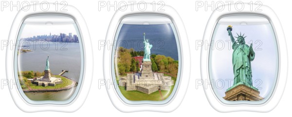 Three porthole frame windows helicopter view of Liberty Island and the famous Statue of Liberty