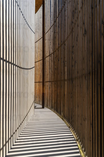 Berlin, Germany, July 28, 2019: Chapel of Reconciliation. Interior gallery covered with wooden