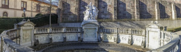 Panoramic photo of the source of the Danube and the Mother Baar figure group in front of the