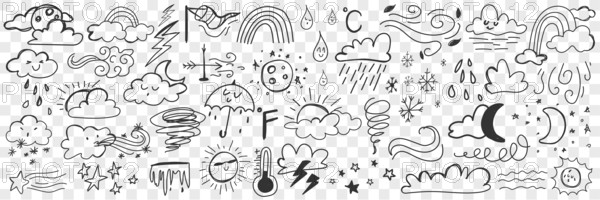 Various weather conditions doodle set. Collection of hand drawn clouds rain storm thunder lightning