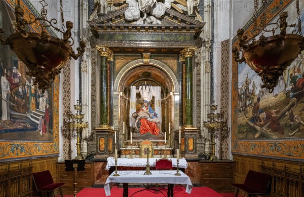 Salamanca, Spain, 9 April, 2024: detail view of a side chapel and altar piece in the New Cathedral