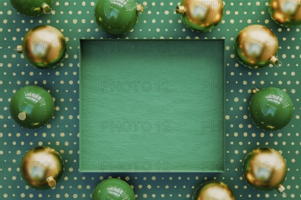 3D rendering of a Christmas terrazzo background with baubles around an empty box in the center with