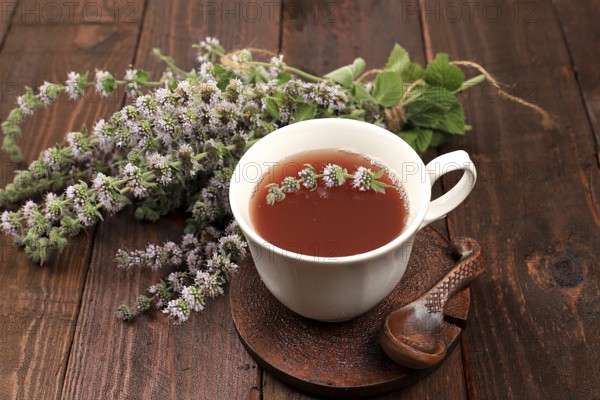 Flower tea with mint on an old wooden table, has a calming and relaxing effect, alternative