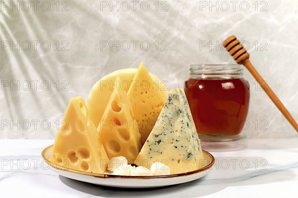 Blue cheese, Roquefort, Parmesan, Mozzarella, Maasdam with honey, Assortment of different types of