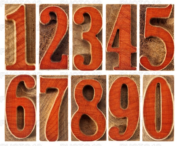 A set of isolated ten numbers from zero to nine in letterpress wood type printing blocks stained by