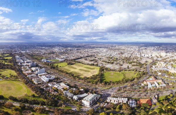 Aerial view of Royal Park and Ikon Stadium of Carlton Football Club on a cool winter's day from