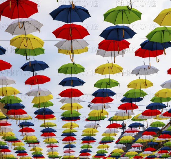 Beautiful Old Town with Colorful Hanging Umbrellas on the City Street in Olten, canton Solothurn,