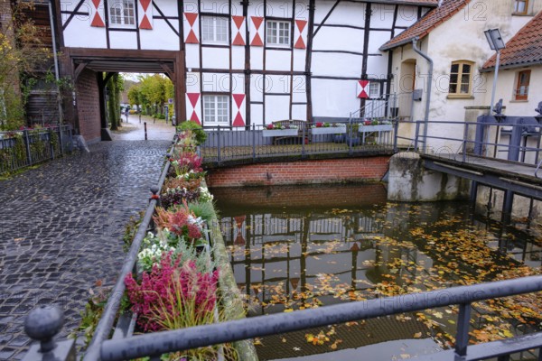 Canal with half-timbered house in the background and autumn leaves on the water, gemen,