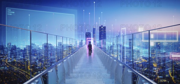 Businessman walking on skywalk bridge to glowing information portal above futuristic cityscape with