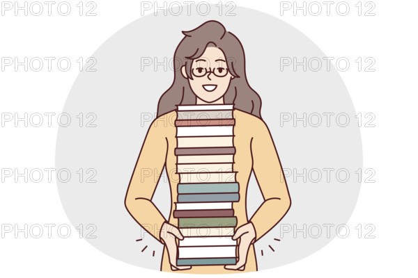 Smiling young woman in glasses with pile of books enjoy reading. Happy girl with stack of textbooks