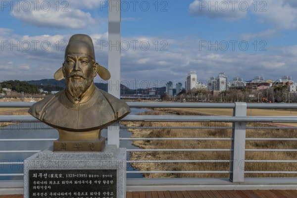 Daejeon, South Korea. January 30, 2020: Bronze bust of Choe Mu-Seon (1325–1395) medieval Korean