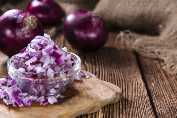 Portion of diced Red Onion (detailed close-up shot)