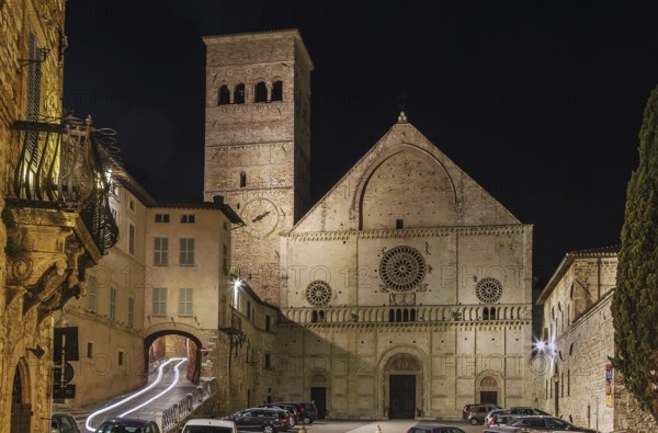 Evening. Assisi Cathedral dedicated to San Rufino is a major church in Assisi, Italy, that has been