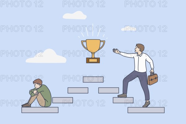 Happy motivated man on career steps walk to success or goal achievement, male in depression from
